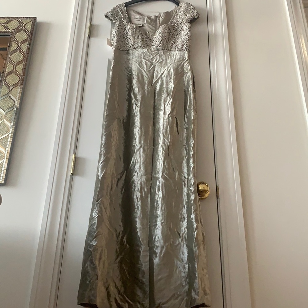 Velvet couture gown in beautiful sage color size 12 .